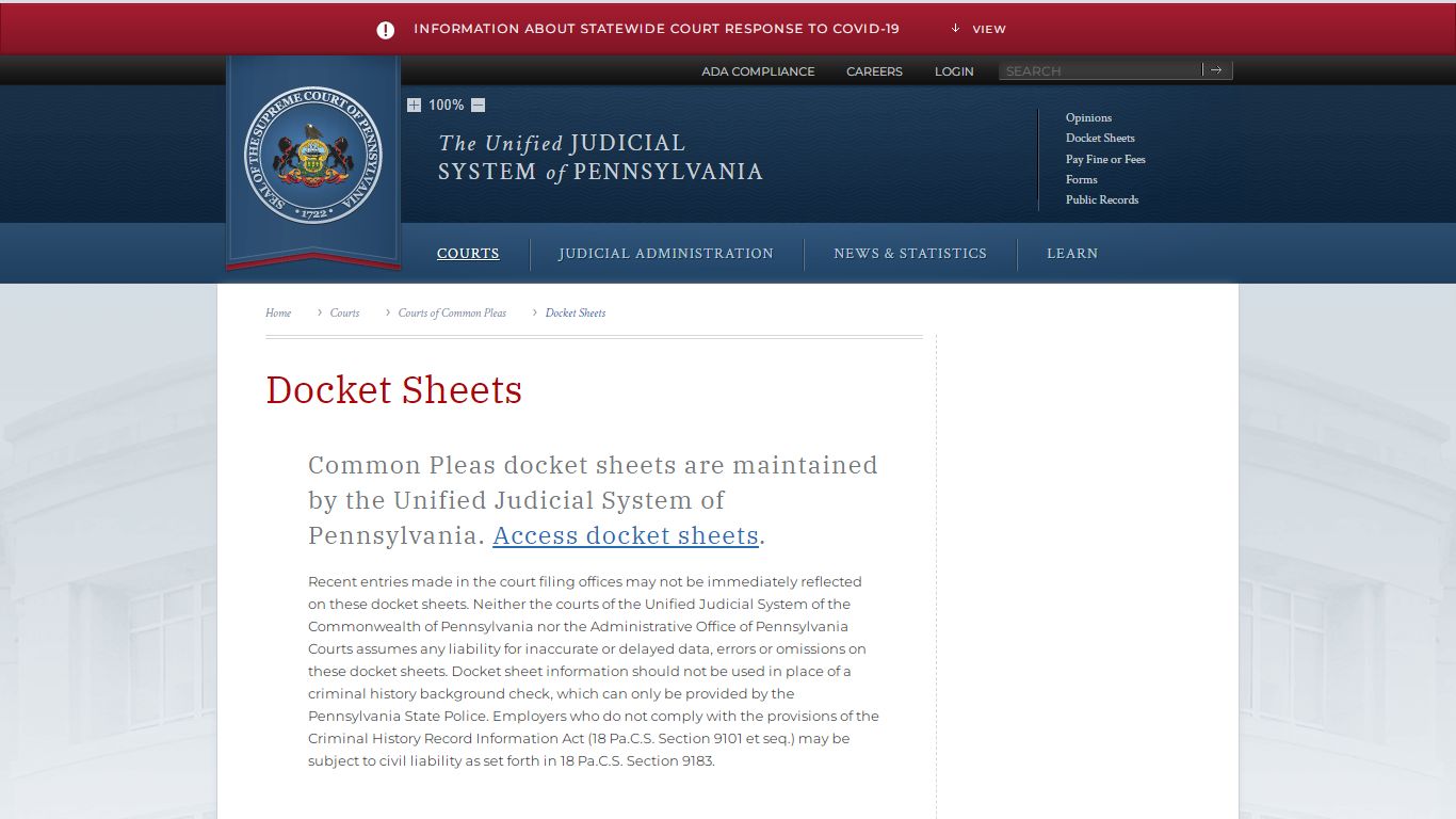 Docket Sheets | Courts of Common Pleas | Courts | Unified Judicial ...